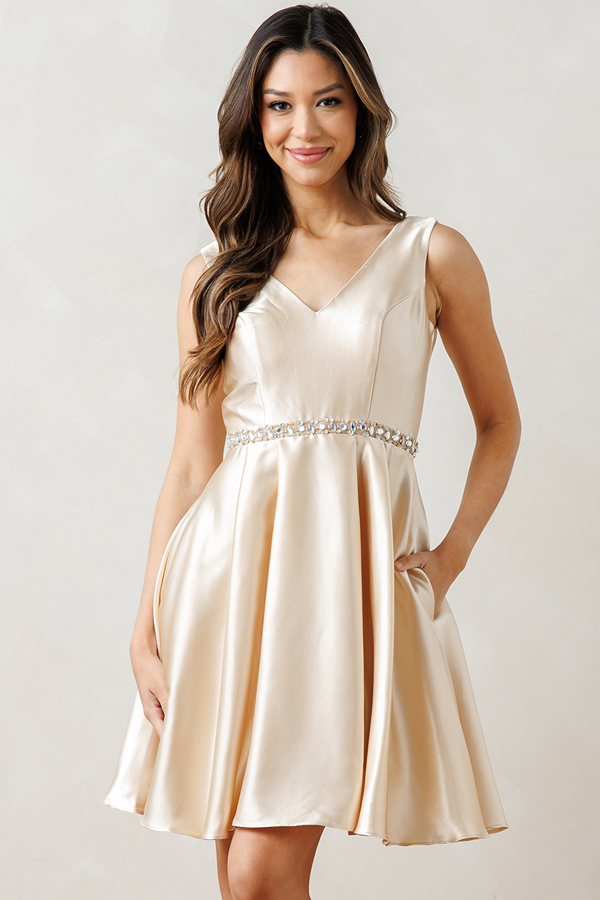 V Neck Satin Sleeveless Short Dress